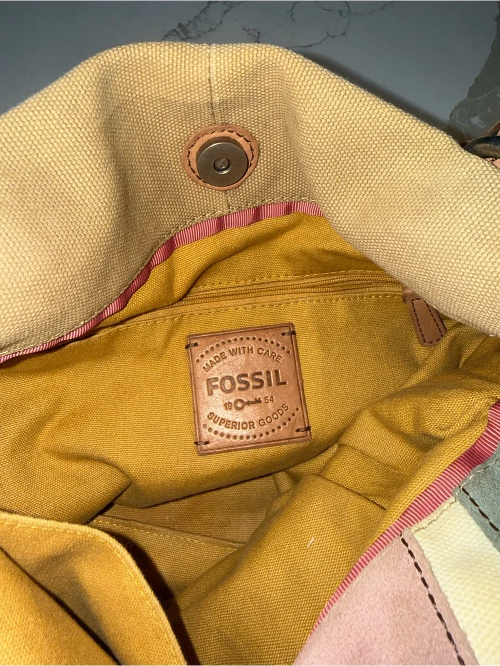 FOSSIL VINTAGE Canvas Chevron Hobo Bag in Tan, Cream, Gray & Pink